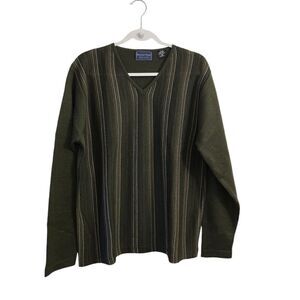 Florence Tricot Sweater Mens Medium Green Striped V-Neck Wool Knit Pullover‎